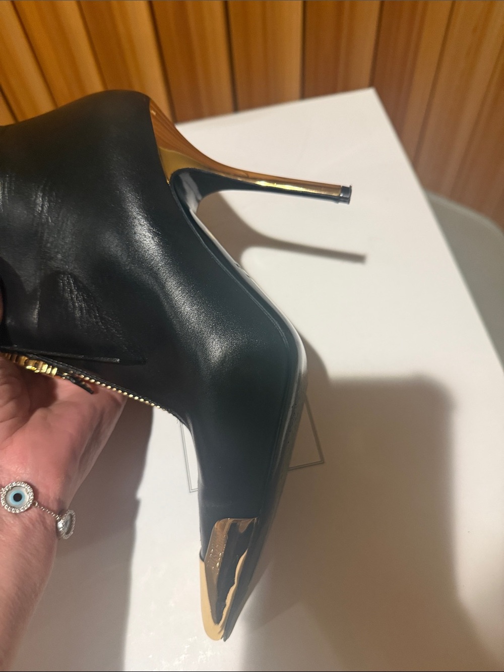 Moschino Black Leather Pointed Toe Mid-Calf Boots with Gold Accents - Picture 4 of 12